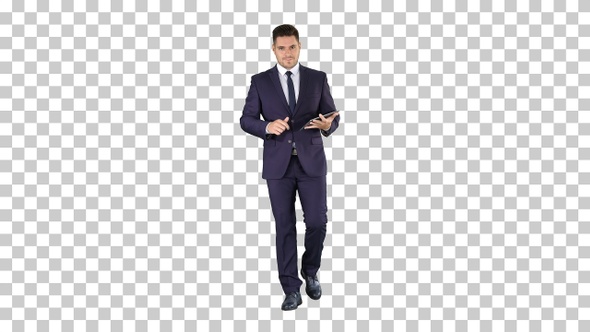 Businessman Walking and Swiping Pages, Alpha Channel