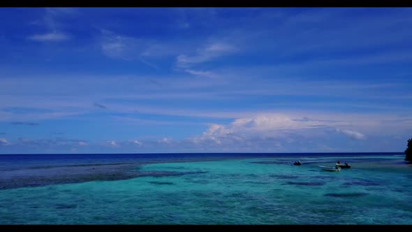 Aerial drone landscape of perfect sea view beach trip by aqua blue sea and white sand background of 