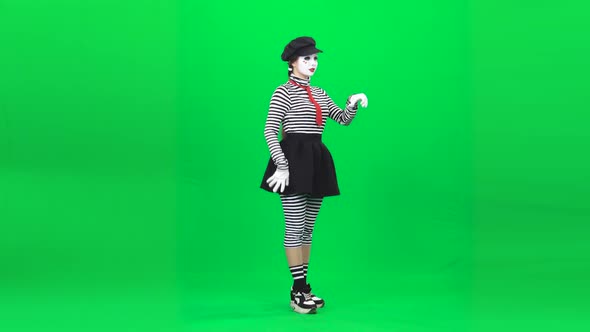 Mime Girl Riding Scooter, Waving Someone