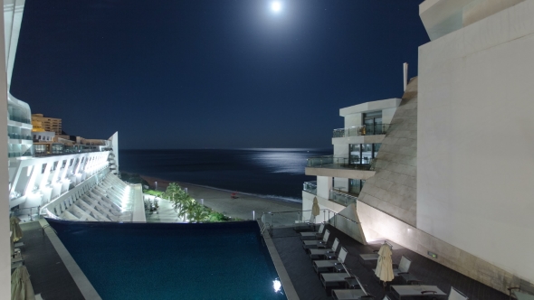 Night View From Modern Building Of Hotel, In Sesimbra, Portugal,