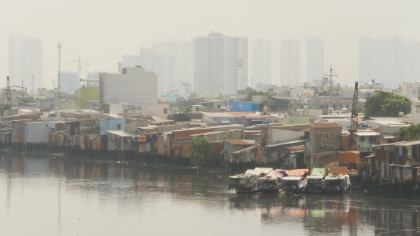Views Of The City's Slums From The River In Saigon City. Vietnam.