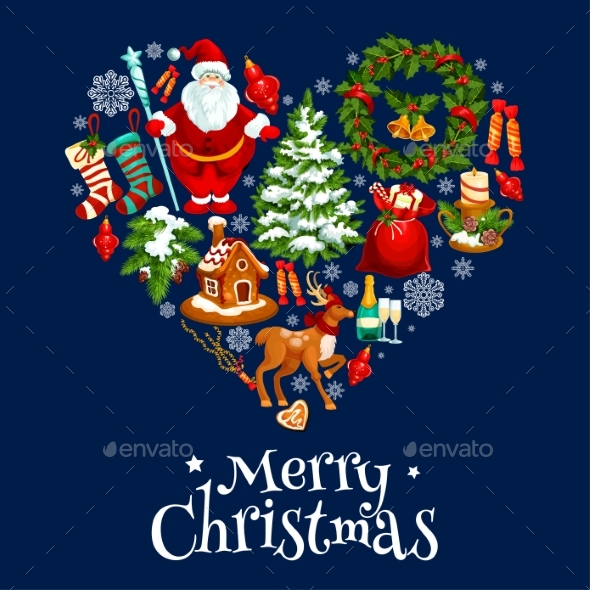 Christmas and New Year Poster in Shape of a Heart
