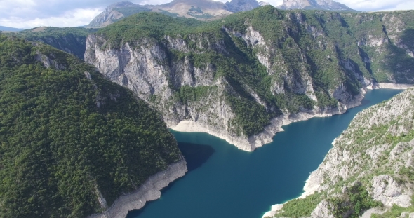 Aerial View Of Famous Piva Canyon With Its Fantastic Reservoir In Montenegro