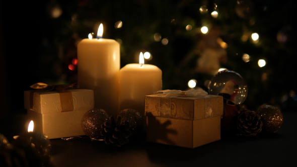 Christmas Gift Box And Candle With Light