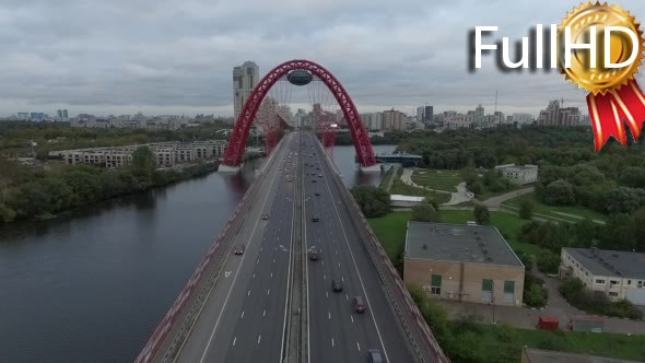 Aerial View of Highway, Bridge, River and City