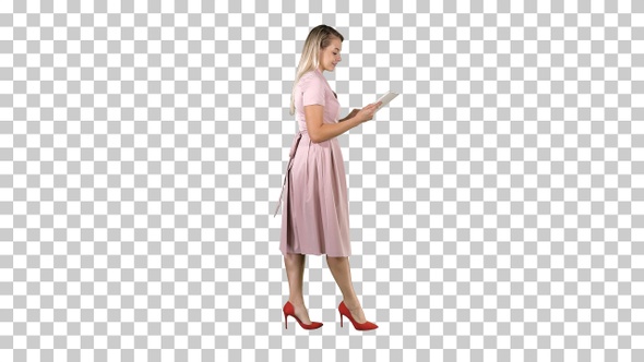 Blonde in Pink Dress Walking and Using Tablet, Alpha Channel