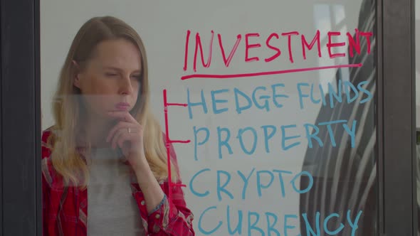 Thoughtful Female Investor Choosing and Circling Type of Investment on Glass