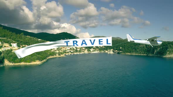 Flying Airplane and Waving Banner with TRAVEL Text