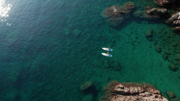 Fit women floating on paddle board in sea