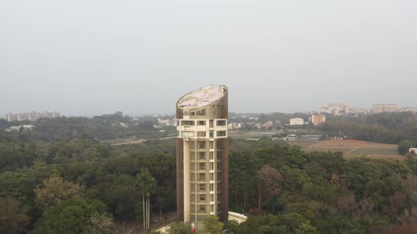 Aerial Drone Video of Sun-Shooting Tower The Landmark of Chiayi City Taiwan with Gigantic Bauhinia o