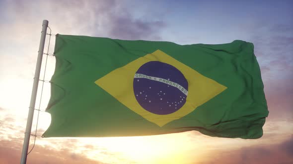 Flag of Brazil Waving in the Wind Against Deep Beautiful Sky