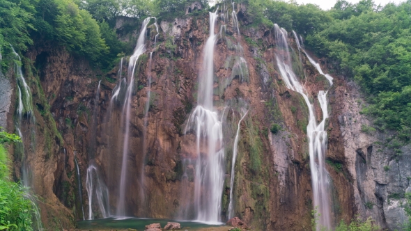 Detailed View of the Beautiful Waterfalls in Plitvice National Park, Croatia