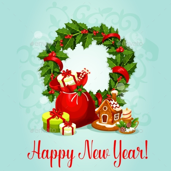 New Year Design with Holly Wreath and Gift