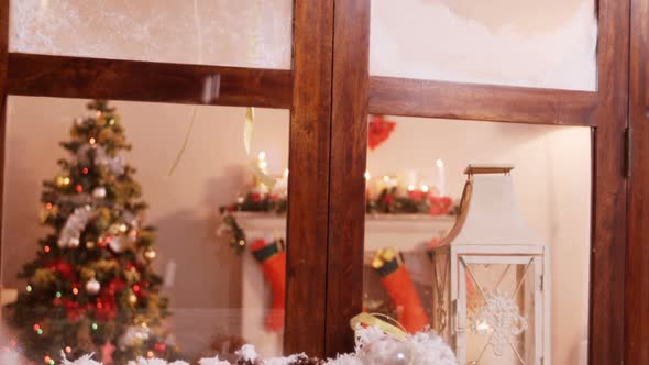 Pine cone decoration on fake snow