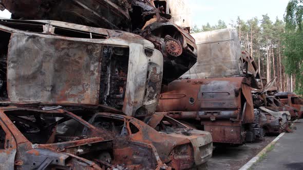 Irpin Bucha District Ukraine a Dump of Shot and Burned Cars