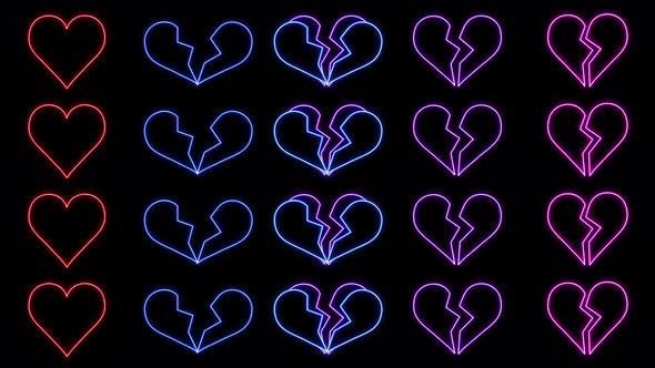 Sequence of Breaking Neon Heart Columns with Loop