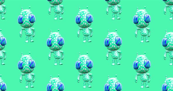 4k motion design. 3d animation seamless pattern. Funny alien in abstract space