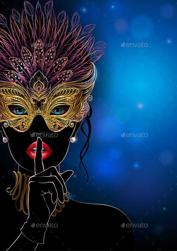 Silhouette of Mysterious Lady in Golden Carnival Mask