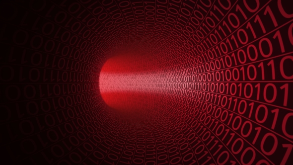 Camera Moving Through Abstract Red Tunnel Made with Zeros and Ones