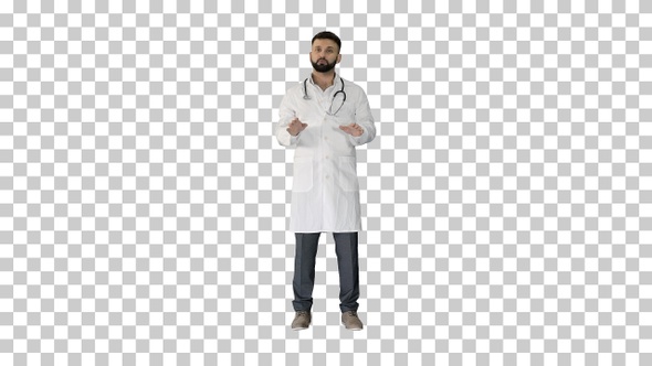 Confident doctor talking and looking into the camera, Alpha Channel