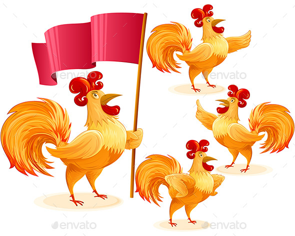 Rooster Christmas Chinese New Year Symbol Cartoon Character Colorful Set