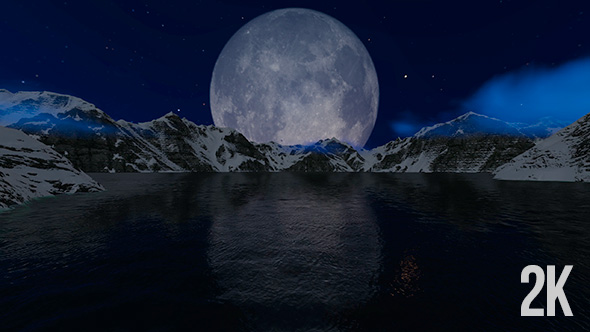 Fly over Lake with Big Moon