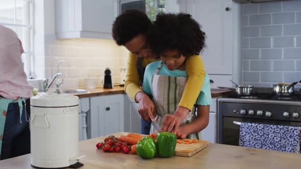 Mixed race lesbian couple and daughter preparing food in kitchen