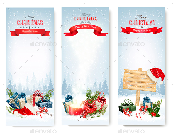 Three Christmas Banners With Presents. Vector.