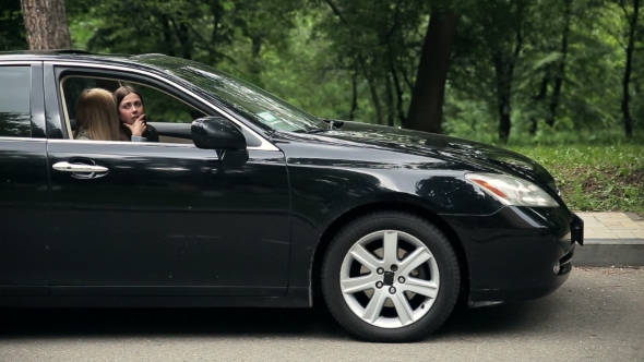Girls Stopping on Roadside, Because Car Is Broken