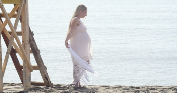 Portrait of Beautiful Pregnant Woman Over Sea