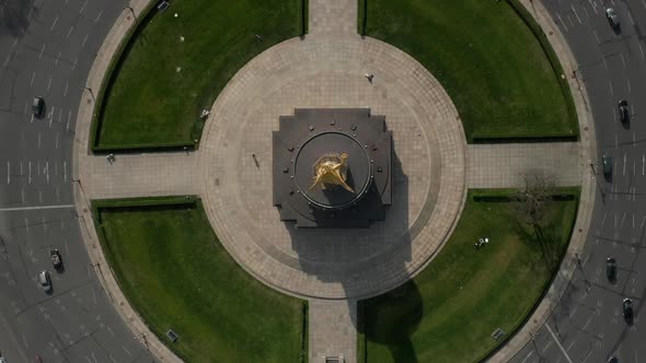 Overhead Birds Eye Drone View of Berlin Victory Column Roundabout with Little Car Traffic