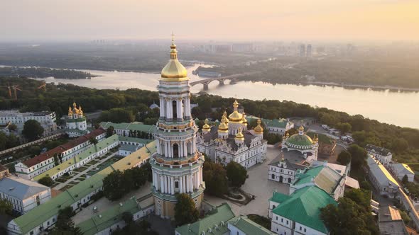 Kyiv-Pechersk Lavra in the Morning at Sunrise. Ukraine. Aerial View