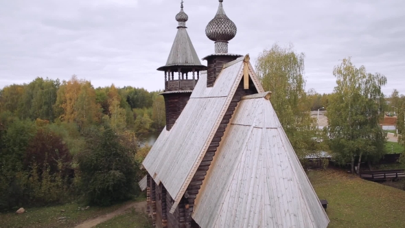 Wooden Architecture in Russia. Church in Kostroma, Aerial Shot