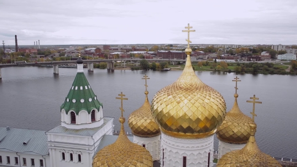 Aerial Shot Dome of the Church on the Background of the River