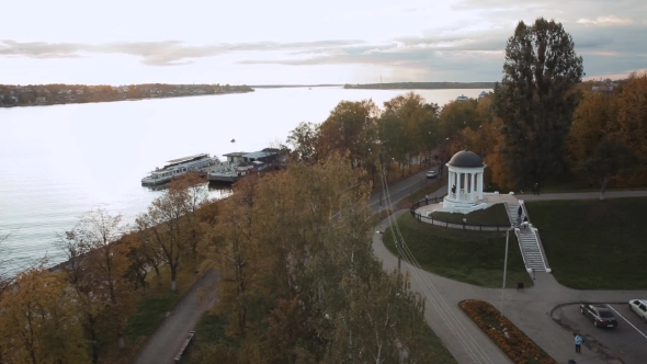 Aerial Shot Pavilion of Ostrovsky on the Volga River