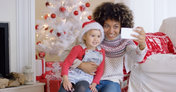 Woman and Child Posing for Camera Phone