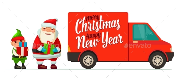 Red Delivery Van with Santa and Elf