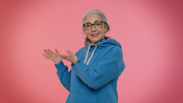 Elderly Senior Granny Woman Showing Inviting Gesture with Hands Ask to Join Beckoning to Coming