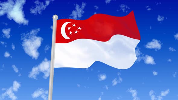 Singapore Flying Flag Wave In The Sky With Clouds