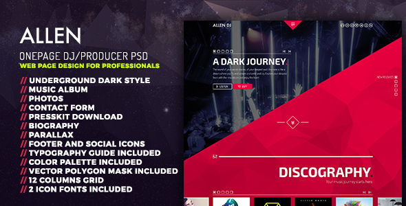 Allen: One Page PSD website template for DJ-Producer and Musicians