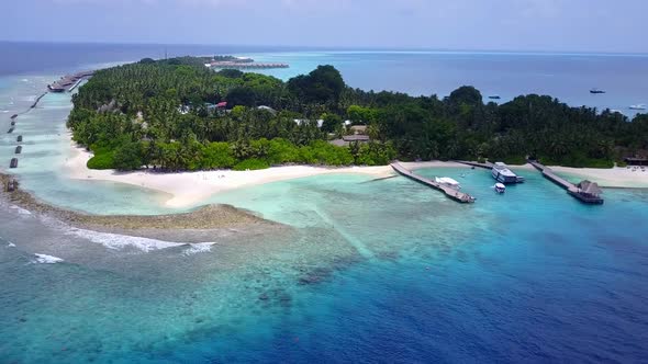 Drone aerial sky of coastline beach by blue ocean and sand background