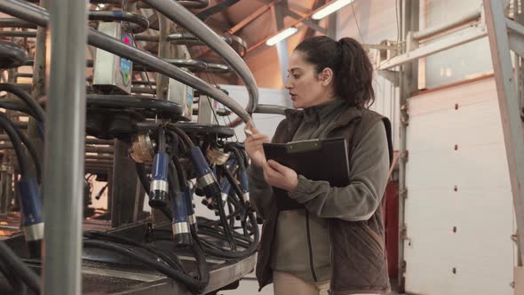 Mixed-Race Woman Checking Industrial Milking Machine