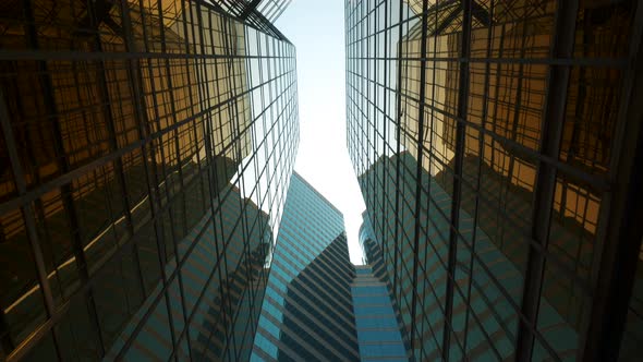 POV view of city skyline buildings. Financial economy growth concept 