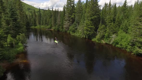 aerial fly by low over stand up paddler girl in wilderness forest river 4k