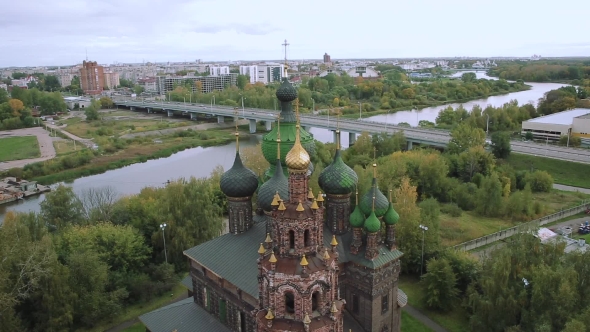 Aerial Shot Yaroslavl and Church of St. John the Baptist. Golden Ring of Russia