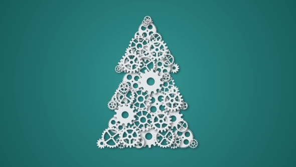 Animation Modern Concept Christmas Tree and Mechanism Gears Rotation Background - Invitation of Xmas