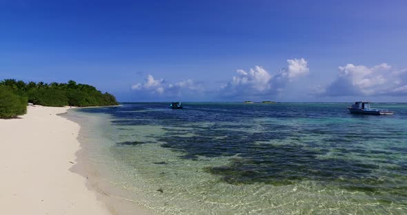 Wide angle above copy space shot of a summer white paradise sand beach and aqua blue water background