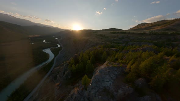 FPV Sports Drone Shot Cliff Peak Stone Texture Trees Grass at Evening Dark Sunset Mountain Valley