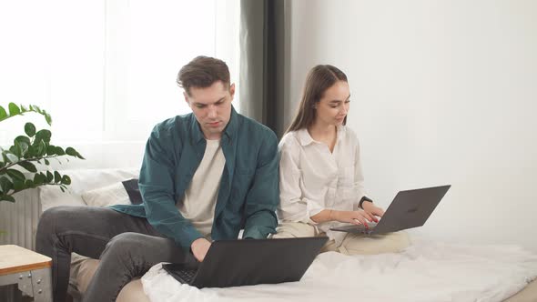 Couple Caucasian Lover Smiling Enjoy Using Laptop Computer Together on Bed