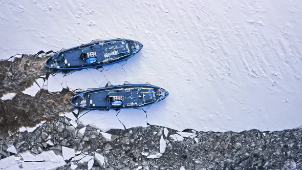 Icebreakers on Vistula river near Plock crushing the ice